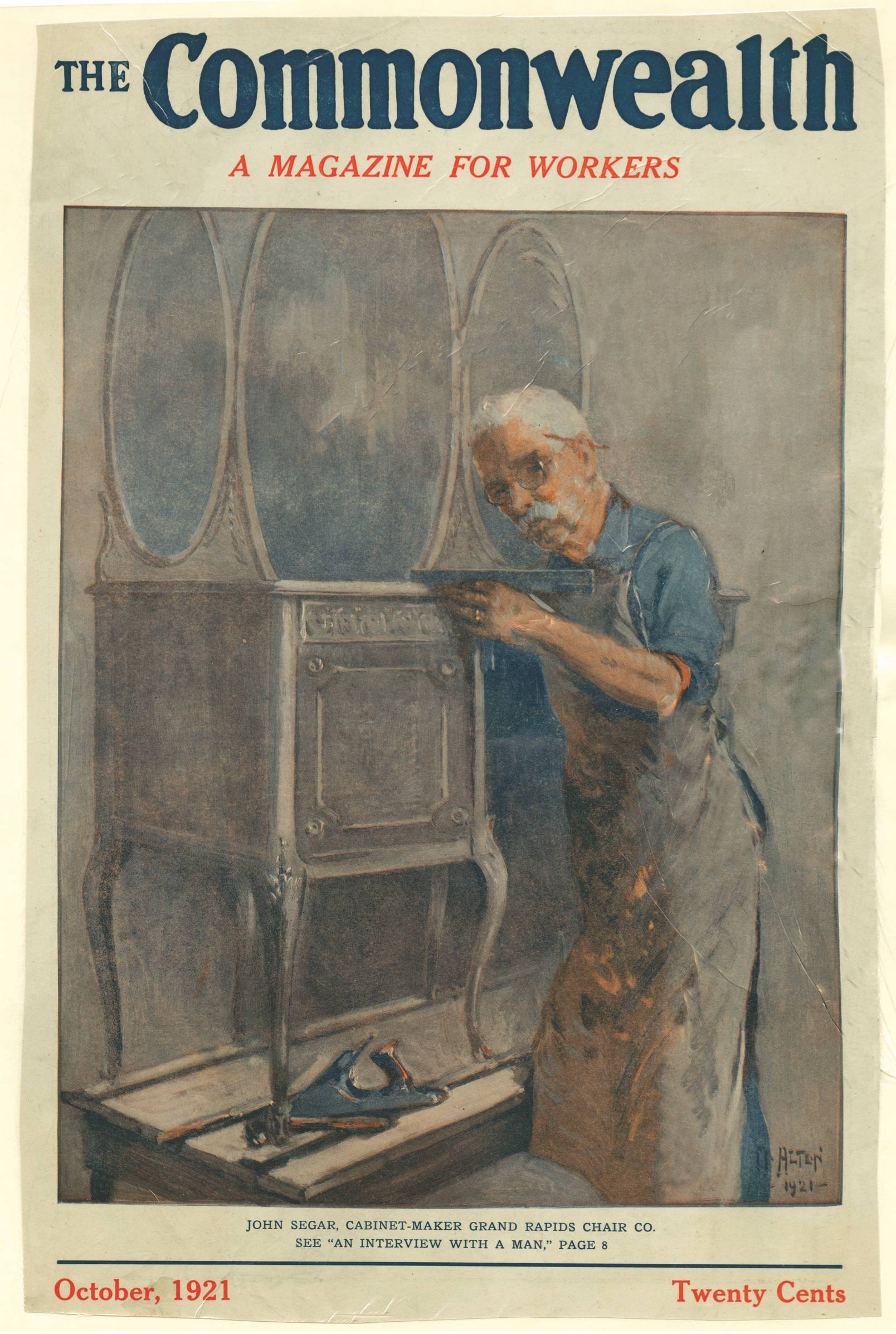 Magazine cover of Commonwealth published in October, 1921 depicting a workman making a vanity desk.